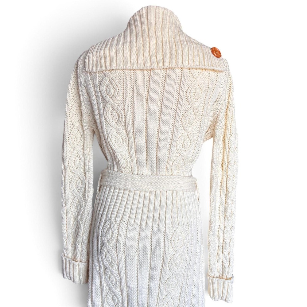 Vintage 70s Longline Cable Knit Sweater Cream Belted Shawl Collar - Picture 6 of 9